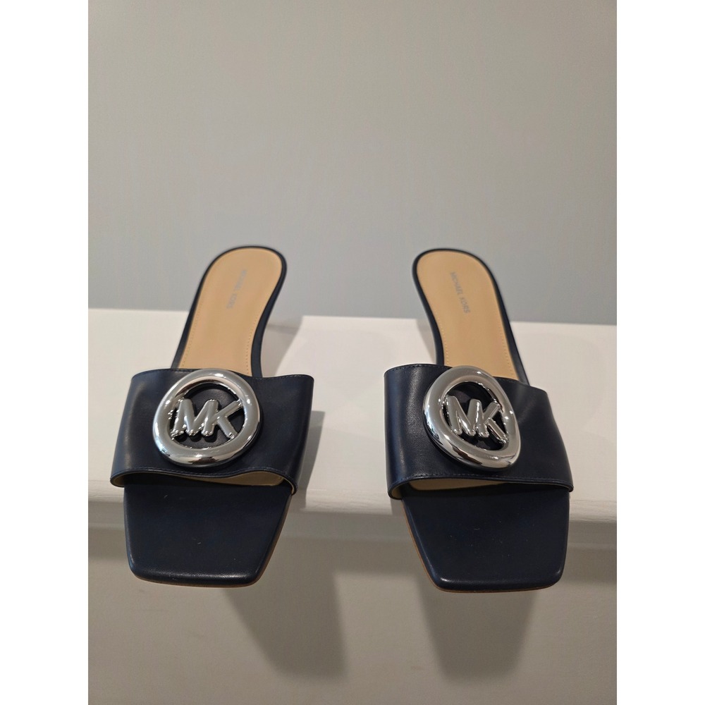 Women's sz 6 B Michael Kors Milan Mule Sandal Blue Leather MK Logo Kitten Heel - Picture 7 of 9